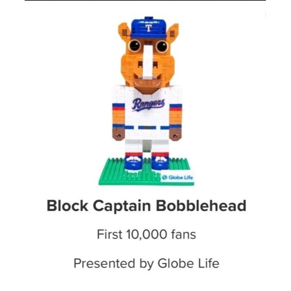 Texas Rangers Block Captain Bobblehead Mascot SGA  8/21/2026